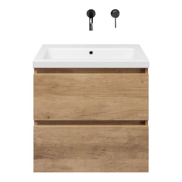 Ballum badmeubel 60 cm sevilla eiken met keramische Dishoek wastafel wit glans, zonder kraangat