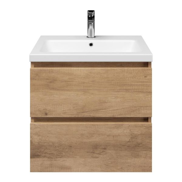 Ballum badmeubel 60 cm sevilla eiken met keramische Dishoek wastafel wit mat, 1 kraangat