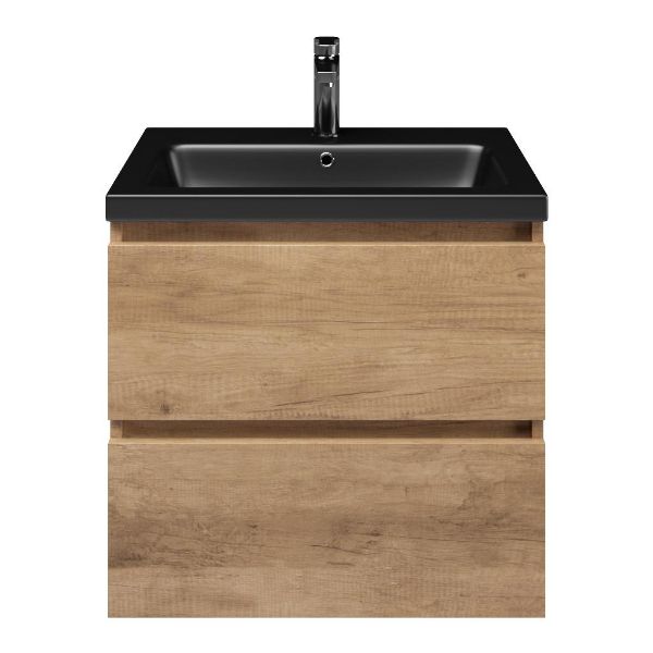Ballum badmeubel 60 cm sevilla eiken met keramische Dishoek wastafel zwart mat, 1 kraangat