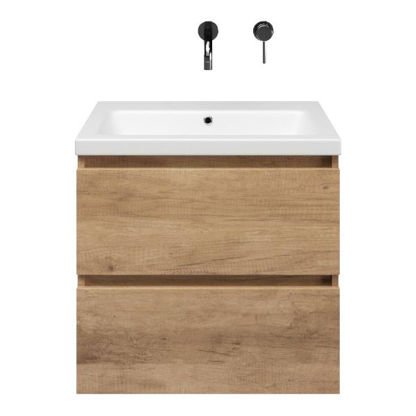 Ballum badmeubel 60 cm sevilla eiken met keramische Dishoek wastafel wit mat, zonder kraangat