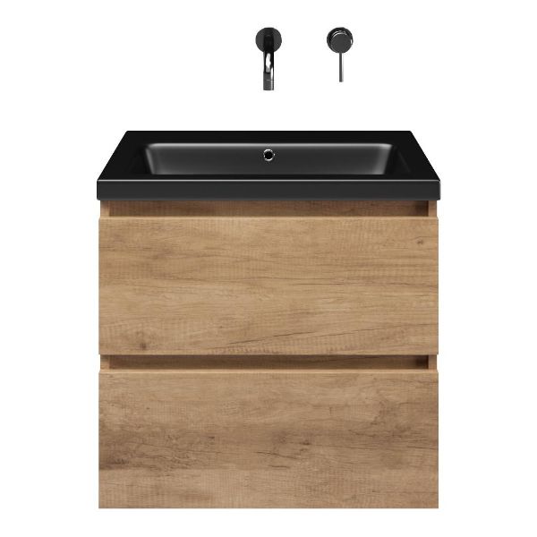 Ballum badmeubel 60 cm sevilla eiken met keramische Dishoek wastafel zwart mat, zonder kraangat