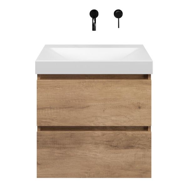 Ballum badmeubel 60 cm sevilla eiken met keramische Rockanje wastafel wit mat, zonder kraangat