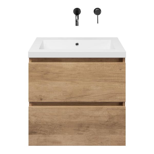 Ballum badmeubel 60 cm sevilla eiken met polystone Cadzand wastafel wit glans, zonder kraangat