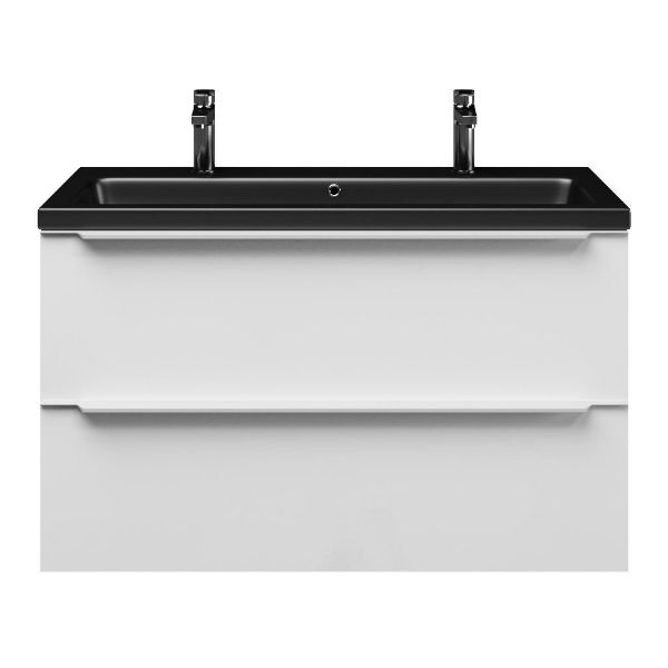 Breskens badmeubel 100 cm hoogglans wit met keramische Dishoek wastafel zwart mat, 2 kraangaten
