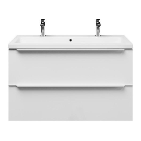 Breskens badmeubel 100 cm hoogglans wit met keramische Dishoek wastafel wit glans, 2 kraangaten