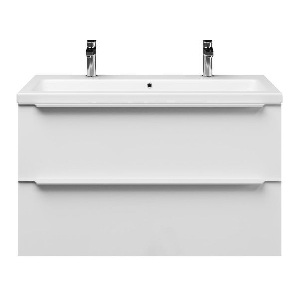 Breskens badmeubel 100 cm hoogglans wit met keramische Dishoek wastafel wit mat, 2 kraangaten