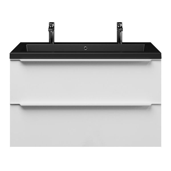 Breskens badmeubel 100 cm hoogglans wit met polystone Cadzand wastafel zwart mat, 2 kraangaten