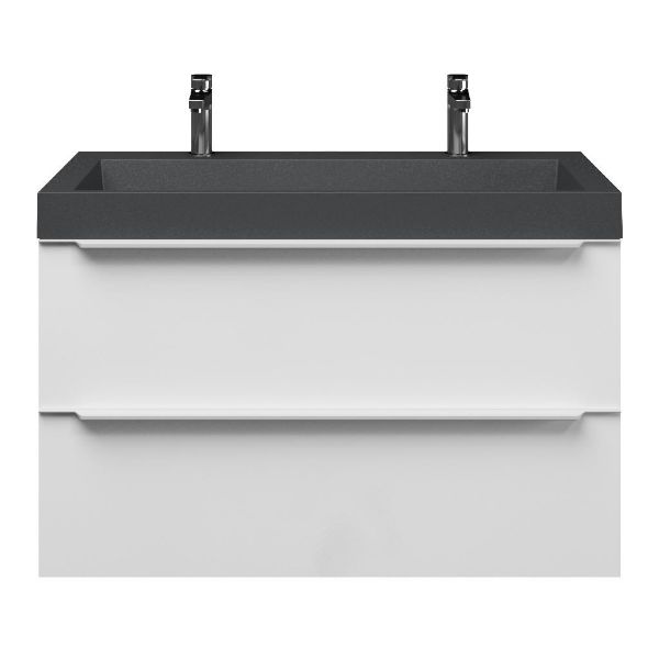 Breskens badmeubel 100 cm hoogglans wit met polystone Haamstede wastafel grijs mat, 2 kraangaten