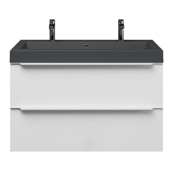 Breskens badmeubel 100 cm hoogglans wit met quartz Cadzand-Q wastafel grijs mat, 2 kraangaten