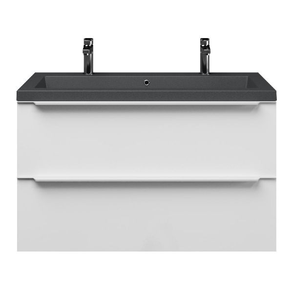 Breskens badmeubel 100 cm hoogglans wit met quartz Cadzand-Q wastafel grijs mat, 2 kraangaten