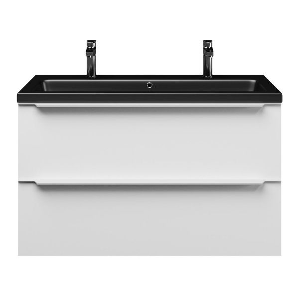 Breskens badmeubel 100 cm mat wit met keramische Dishoek wastafel zwart mat, 2 kraangaten