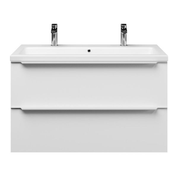 Breskens badmeubel 100 cm mat wit met keramische Dishoek wastafel wit mat, 2 kraangaten