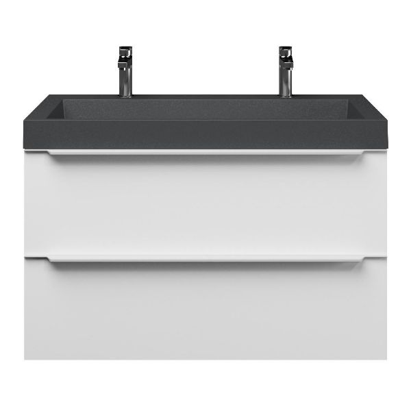 Breskens badmeubel 100 cm mat wit met polystone Haamstede wastafel grijs mat, 2 kraangaten