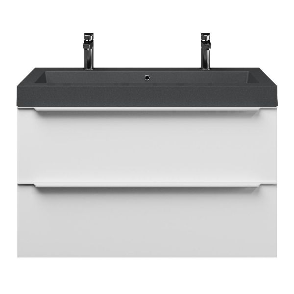 Breskens badmeubel 100 cm mat wit met quartz Cadzand-Q wastafel grijs mat, 2 kraangaten