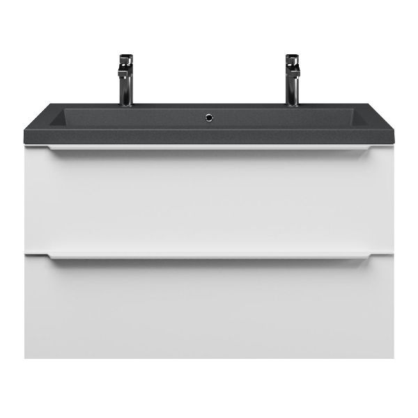 Breskens badmeubel 100 cm mat wit met quartz Cadzand-Q wastafel grijs mat, 2 kraangaten