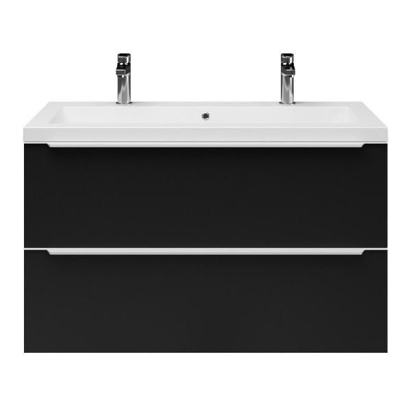 Breskens badmeubel 100 cm mat zwart met Cadzand wastafel wit mat, 2 kraangaten