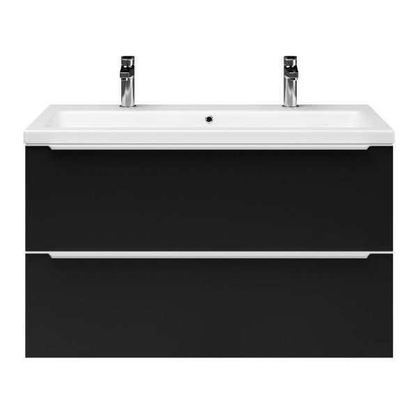 Breskens badmeubel 100 cm mat zwart met keramische Dishoek wastafel wit mat, 2 kraangaten