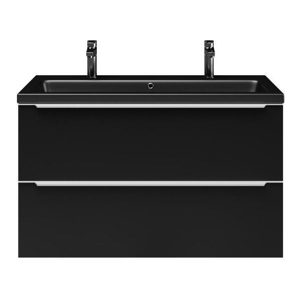 Breskens badmeubel 100 cm mat zwart met keramische Dishoek wastafel zwart mat, 2 kraangaten