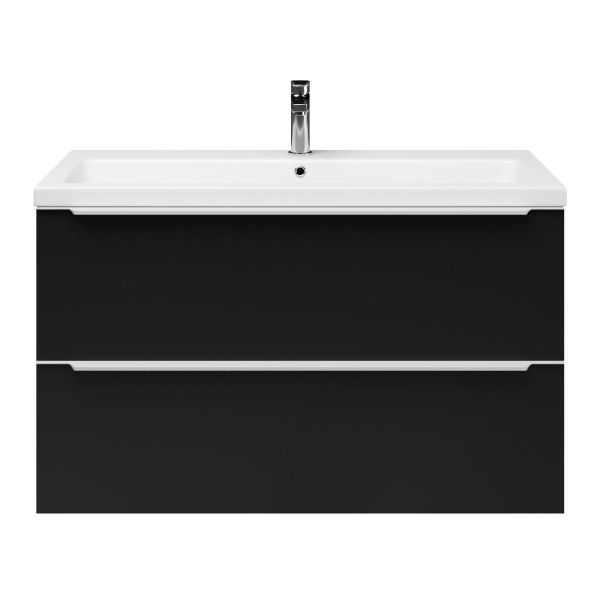 Breskens badmeubel 100 cm mat zwart met keramische Dishoek wastafel wit glans, 1 kraangat