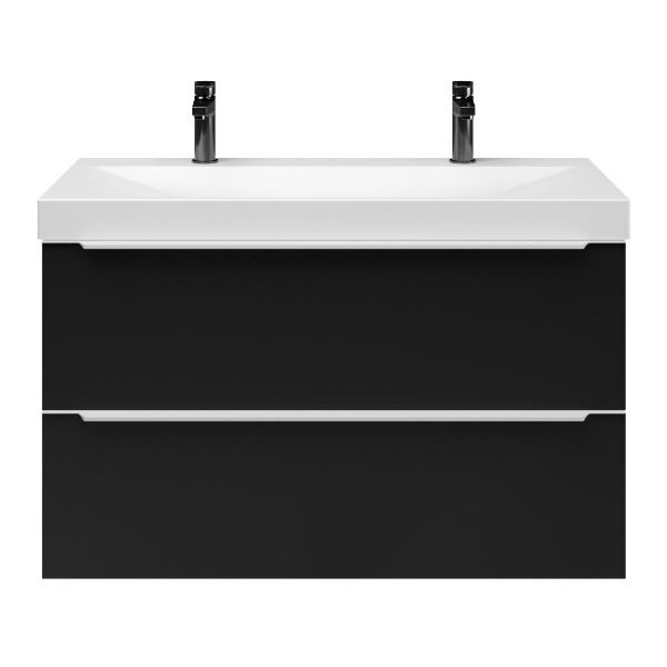 Breskens badmeubel 100 cm mat zwart met keramische Rockanje wastafel wit mat, 2 kraangaten