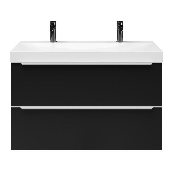 Breskens badmeubel 100 cm mat zwart met keramische Rockanje wastafel wit glans, 2 kraangaten