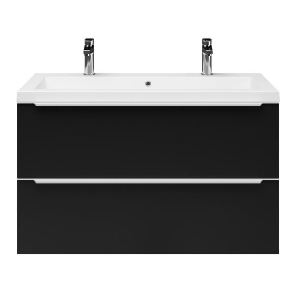 Breskens badmeubel 100 cm mat zwart met polystone Cadzand wastafel wit glans, 2 kraangaten