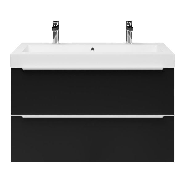 Breskens badmeubel 100 cm mat zwart met polystone Cadzand wastafel wit glans, 2 kraangaten