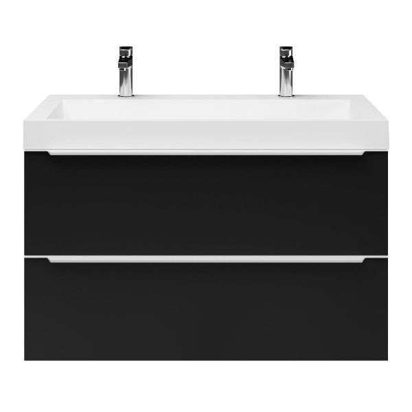Breskens badmeubel 100 cm mat zwart met polystone Haamstede wastafel wit glans, 2 kraangaten