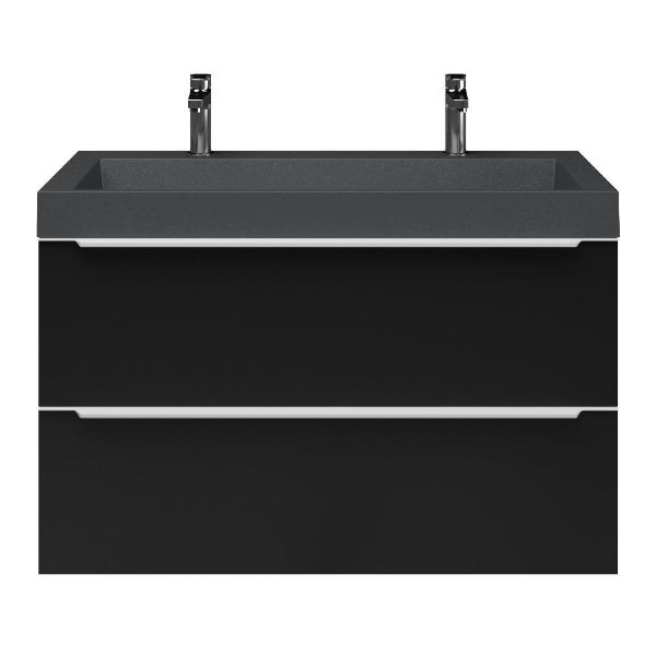 Breskens badmeubel 100 cm mat zwart met polystone Haamstede wastafel grijs mat, 2 kraangaten