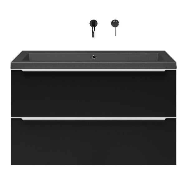 Breskens badmeubel 100 cm mat zwart met quartz Cadzand-Q wastafel grijs mat, zonder kraangat