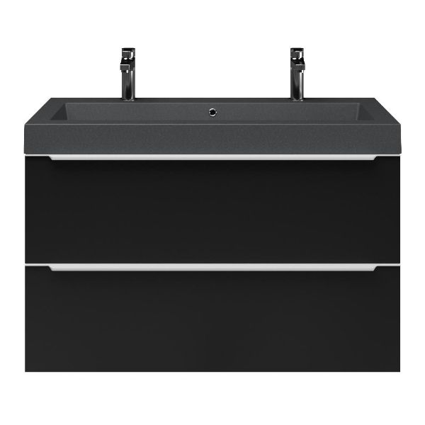 Breskens badmeubel 100 cm mat zwart met quartz Cadzand-Q wastafel grijs mat, 2 kraangaten