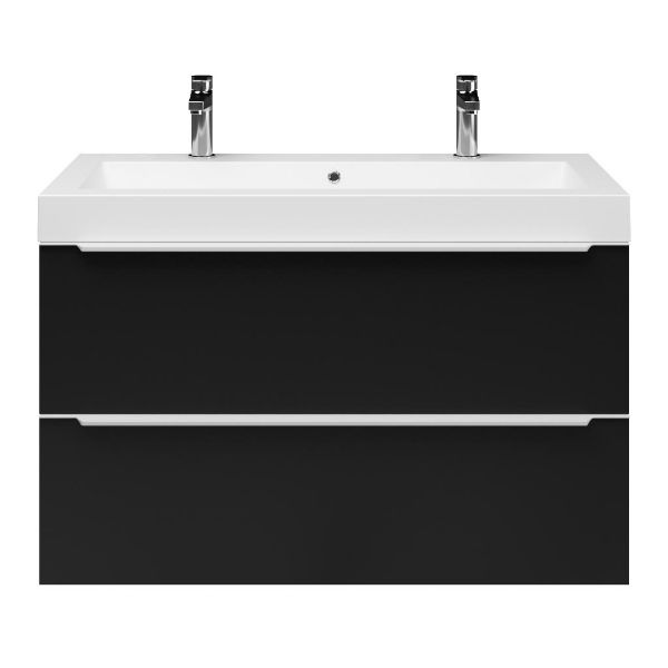 Breskens badmeubel 100 cm mat zwart met quartz Cadzand-Q wastafel wit mat, 2 kraangaten