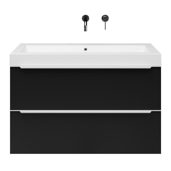 Breskens badmeubel 100 cm mat zwart met quartz Cadzand-Q wastafel wit mat, zonder kraangat