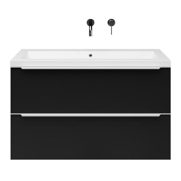 Breskens badmeubel 100 cm mat zwart met quartz Cadzand-Q wastafel wit mat, zonder kraangat