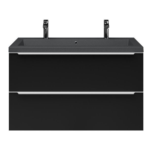Breskens badmeubel 100 cm mat zwart met quartz Cadzand-Q wastafel grijs mat, 2 kraangaten