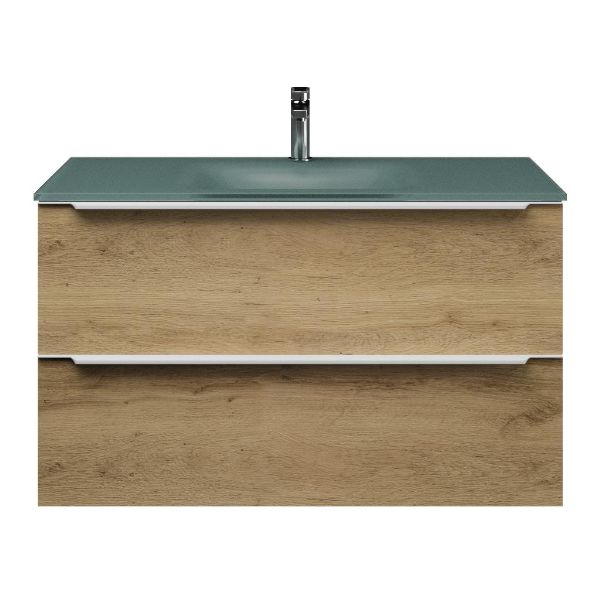 Breskens badmeubel 100 cm warm eiken met glazen Glass wastafel zilvergrijs