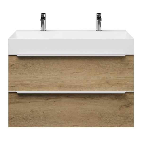 Breskens badmeubel 100 cm warm eiken met keramische Marken wastafel wit glans