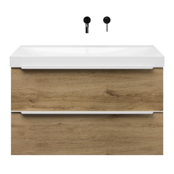 Breskens badmeubel 100 cm warm eiken met keramische Rockanje wastafel wit glans