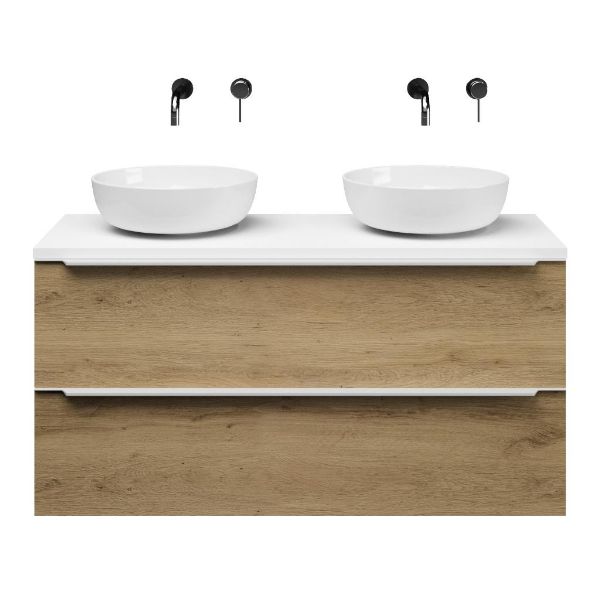 Breskens badmeubel 120 cm warm eiken met afdekblad 2,5 cm mat wit