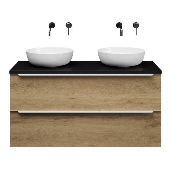 Breskens badmeubel 120 cm warm eiken met afdekblad 2,5 cm mat zwart