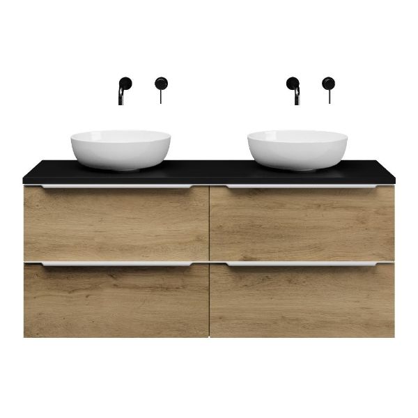 Breskens badmeubel 140 cm warm eiken met afdekblad 2,5 cm mat zwart
