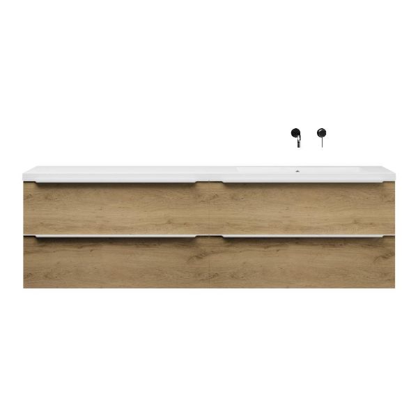 Breskens badmeubel 200 cm warm eiken met enkele polystone Cadzand wastafel rechts wit glans