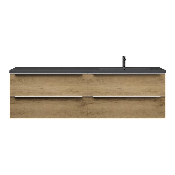 Breskens badmeubel 200 cm warm eiken met enkele quartz Cadzand-q wastafel rechts grijs mat