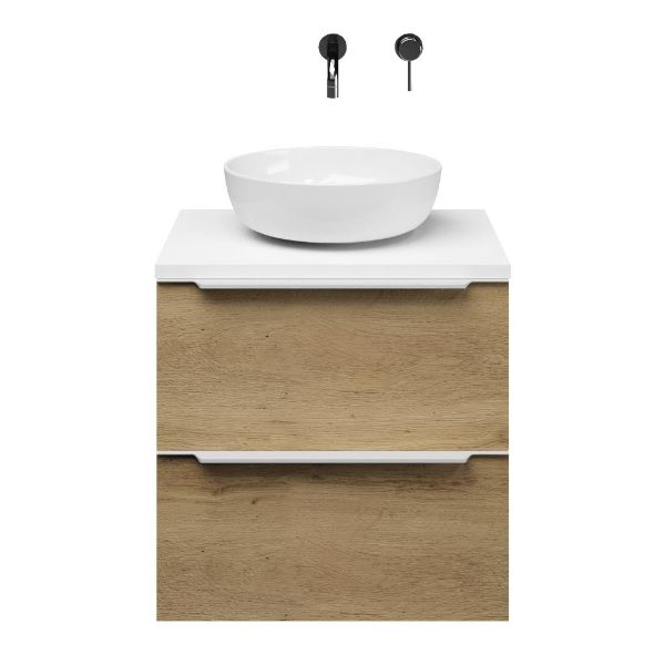 Breskens badmeubel 60 cm warm eiken met afdekblad 2,5 cm wit mat