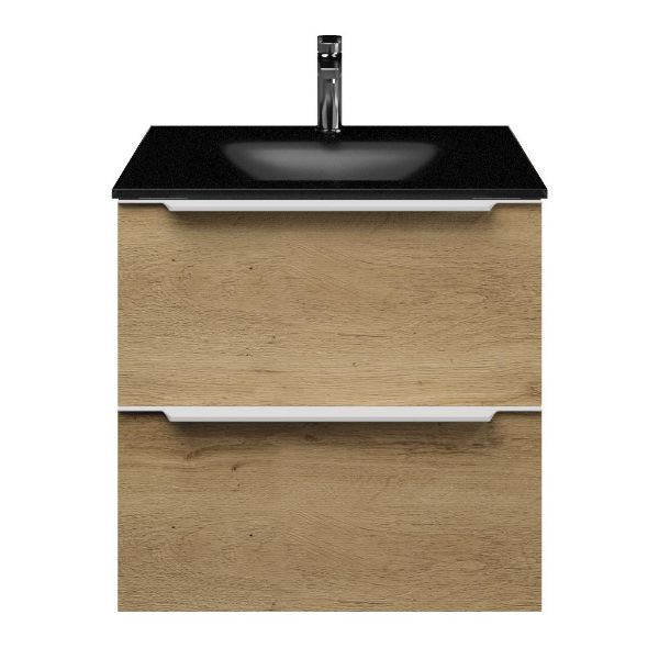 Breskens badmeubel 60 cm warm eiken met glazen Glass wastafel zwart
