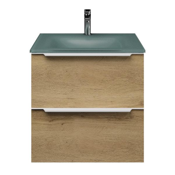 Breskens badmeubel 60 cm warm eiken met glazen Glass wastafel zilvergrijs