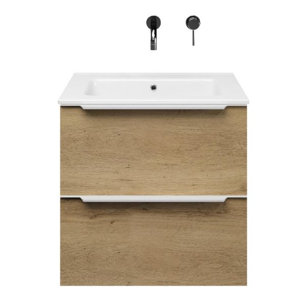 Breskens badmeubel 60 cm warm eiken met keramische Callantsoog wastafel wit glans, zonder kraangat