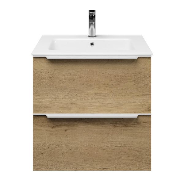Breskens badmeubel 60 cm warm eiken met keramische Callantsoog wastafel wit glans, 1 kraangat