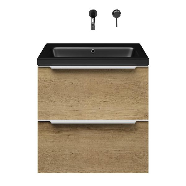 Breskens badmeubel 60 cm warm eiken met keramische Dishoek wastafel zwart mat, zonder kraangat