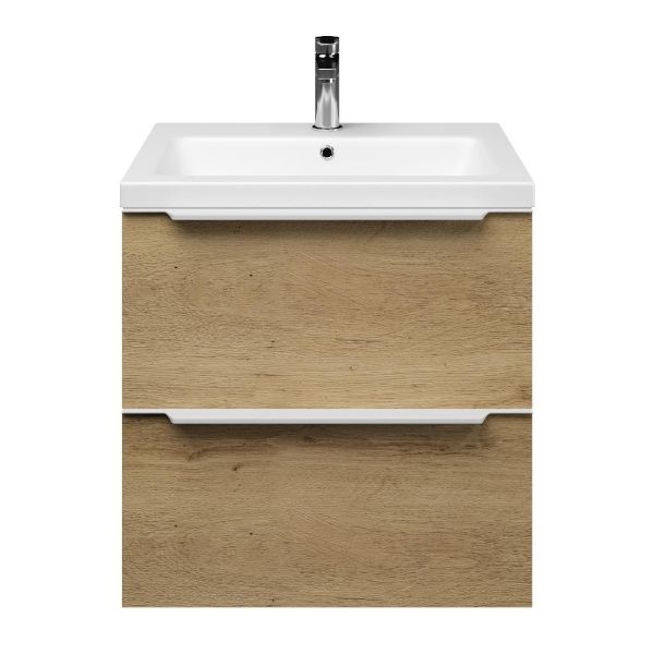 Breskens badmeubel 60 cm warm eiken met keramische Dishoek wastafel wit mat, 1 kraangat